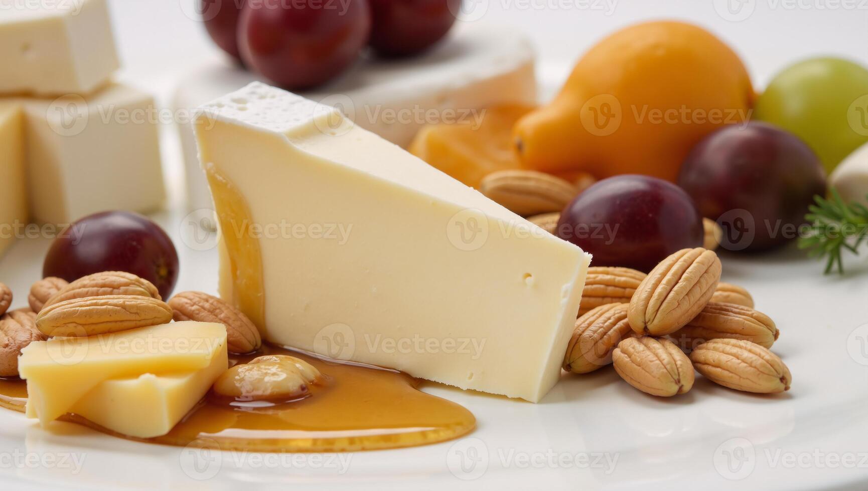 A cheese platter showcases honeyed cheeses grapes and nutty accompaniments photo