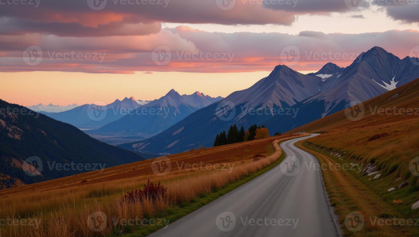 Autumn mountain panorama Dirt road through fields leads to hillside at sunset against a backdrop of nature and clouds photo