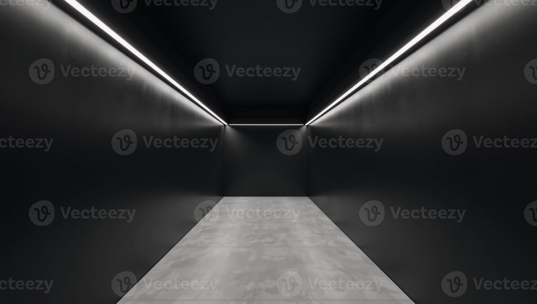 Modern minimalist mockup featuring an empty concrete hallway with black walls and LED lights lining the ceiling photo