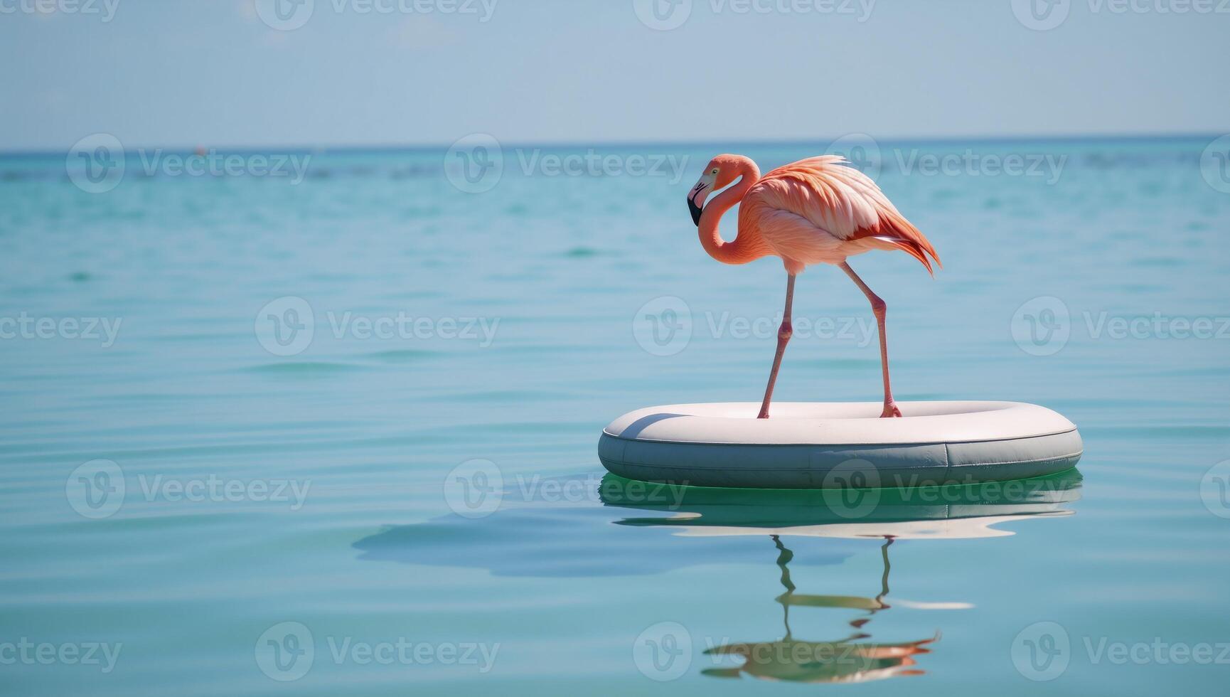 Pink flamingo floats peacefully on an ocean raft surrounded by calm waters photo