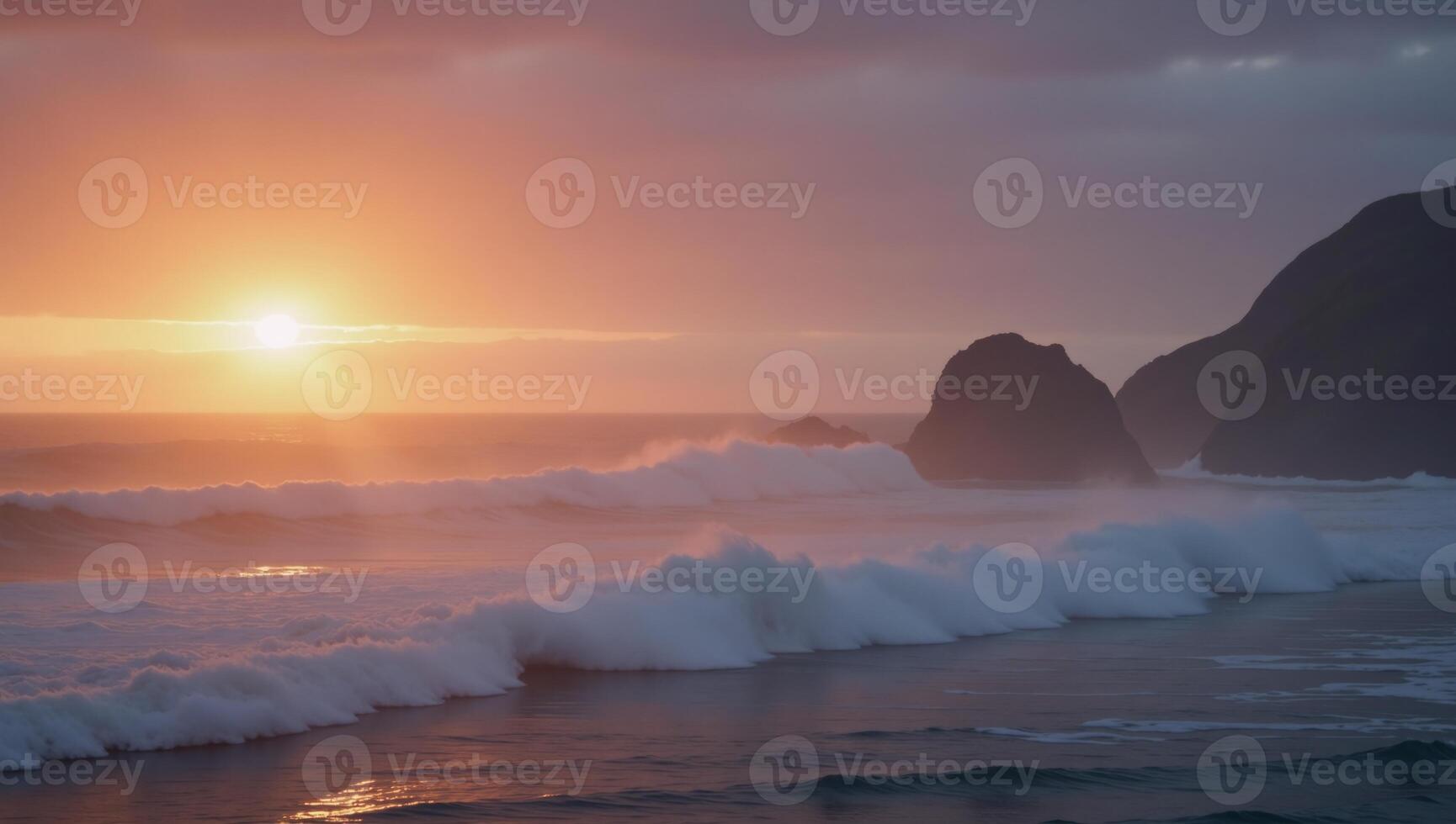 A creative copyspace image featuring a mystical sunrise over an ocean veiled by foggy clouds photo