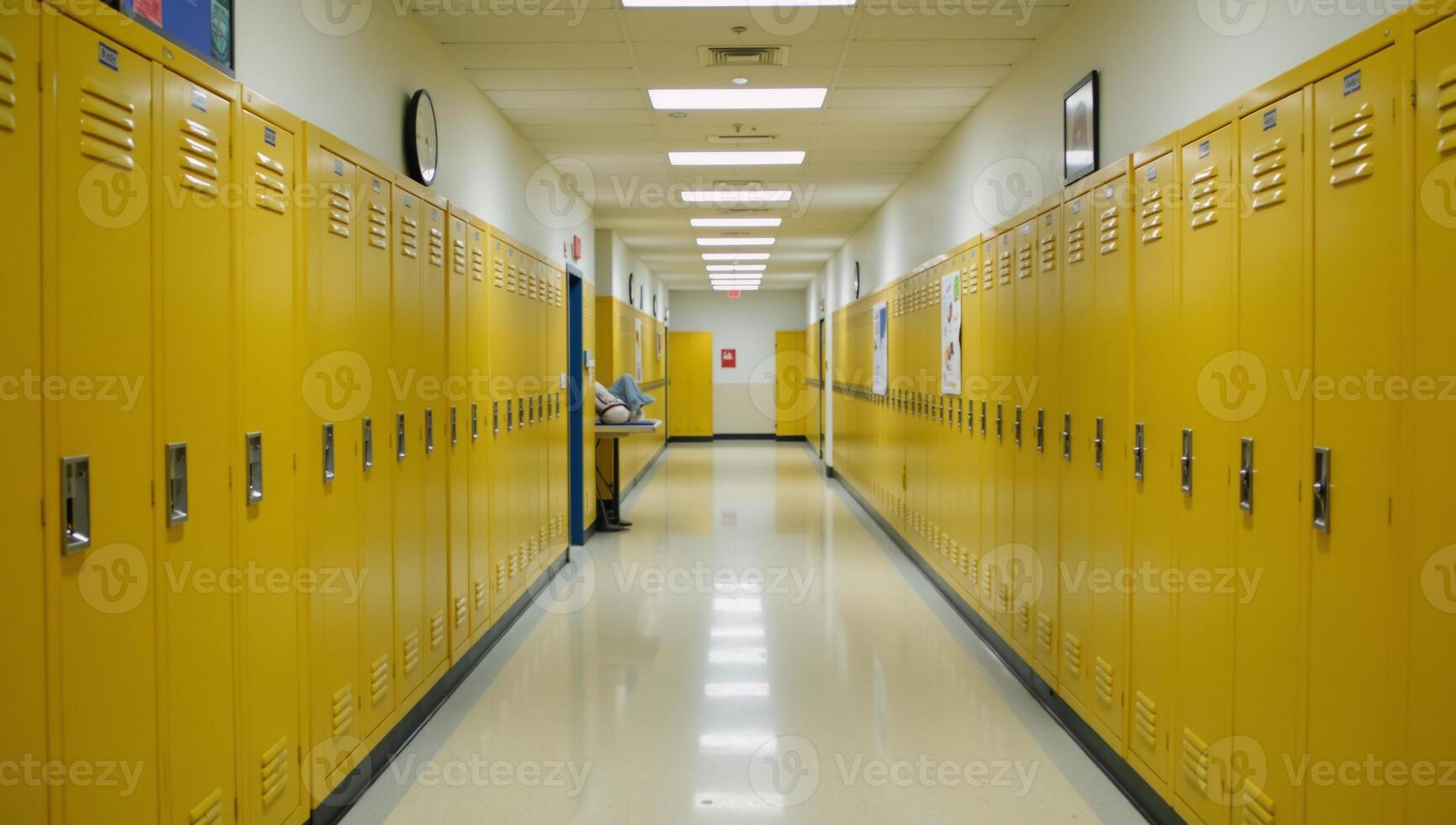 School hallway with yellow lockers and bare walls photo
