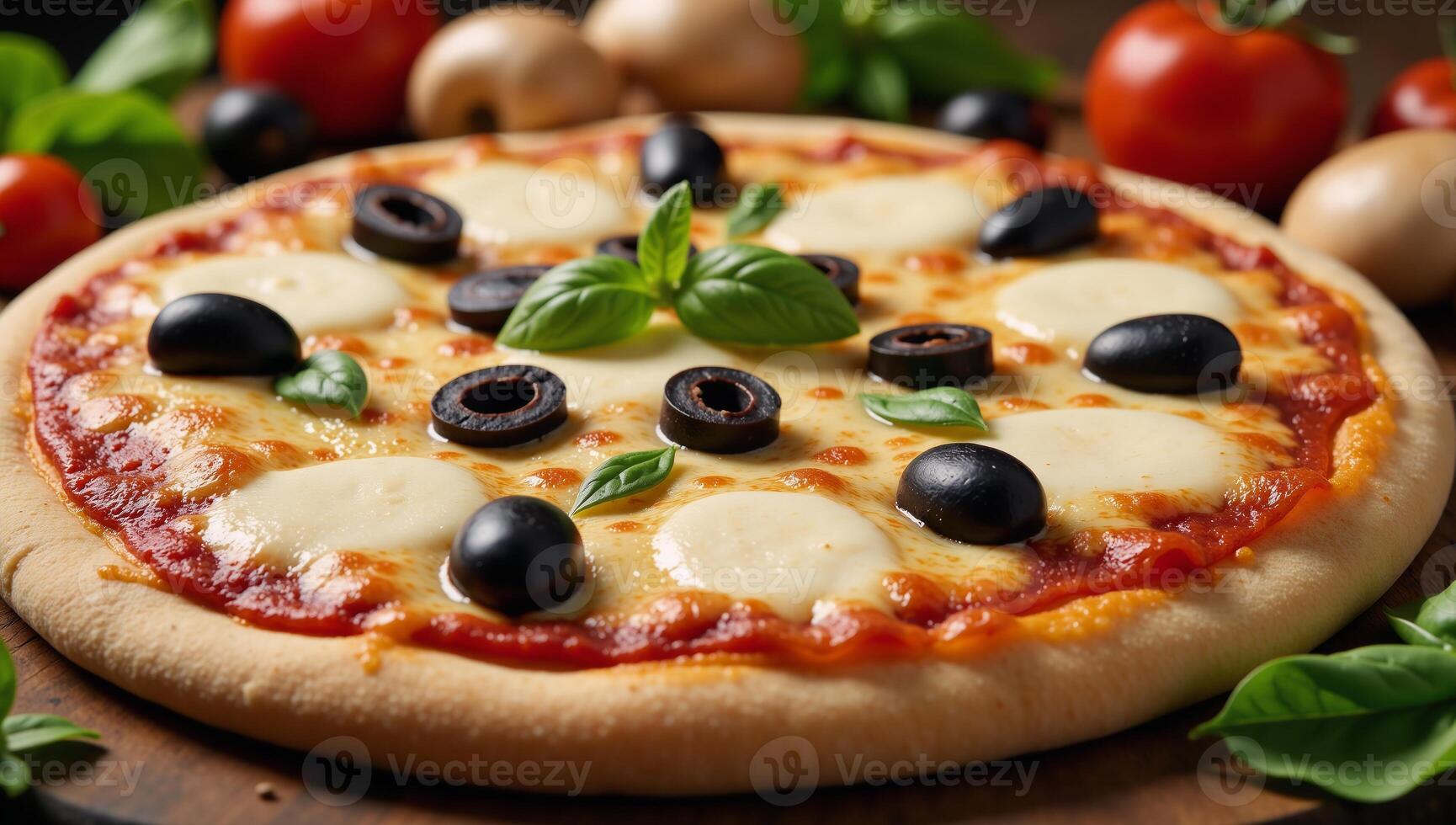 Illustration showcases a delicious pizza with olives mushrooms and veggies along with its recipe photo