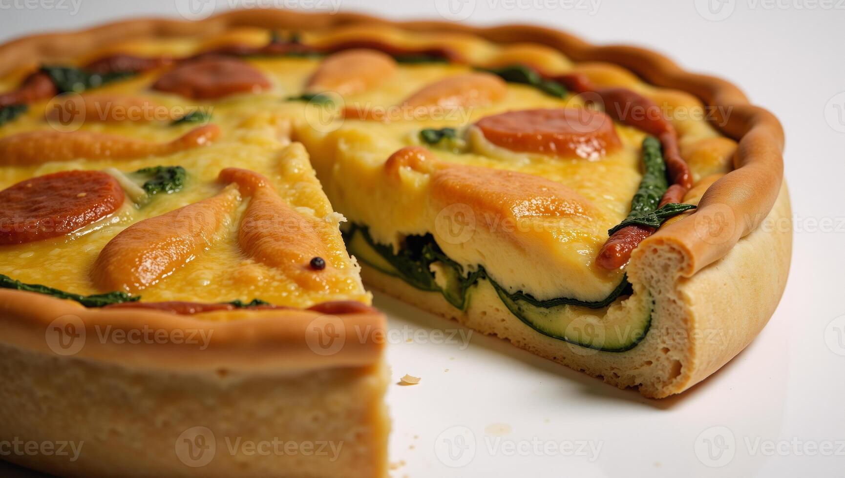 Detailed view of sliced goldencrusted quiche revealing layered filling photo