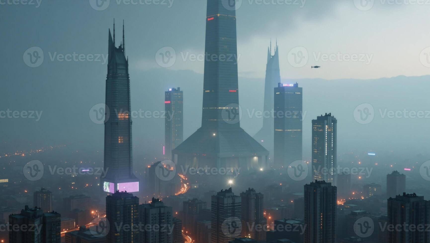A captivating cyberpunkstyle scene of a futuristic cityscape featuring towering skyscrapers amidst swirling fog photo