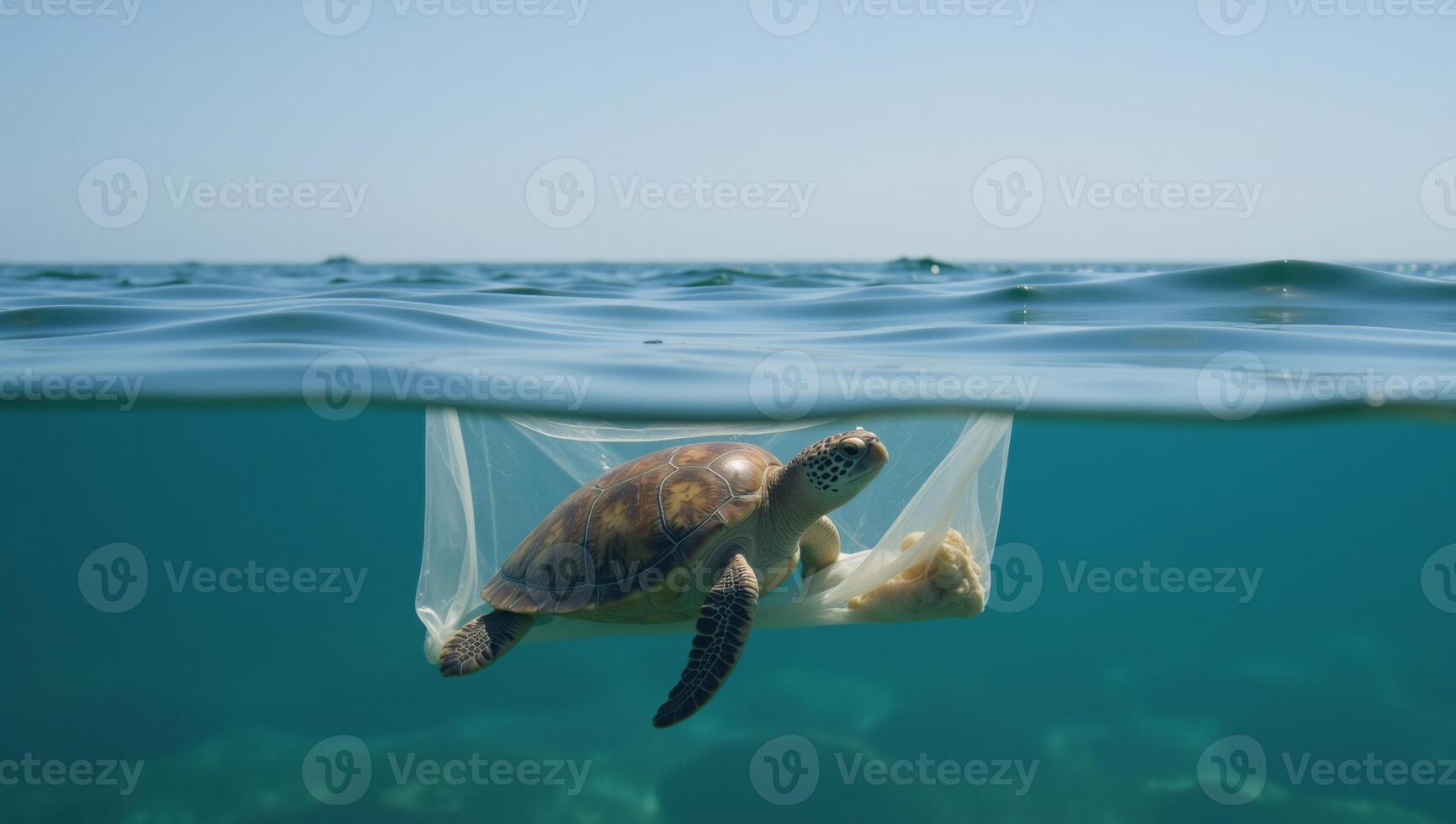 Turtle trapped in plastic waste amidst oceans WODEnvironmental Pollution theme photo