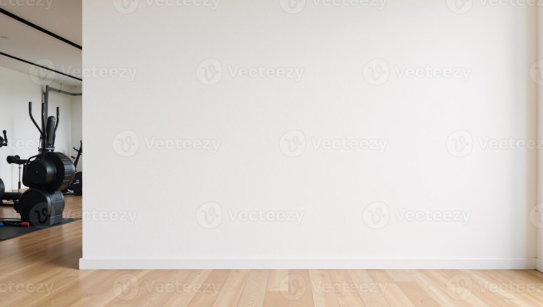 Modern gym interior blank wall and woodfloored workout space photo