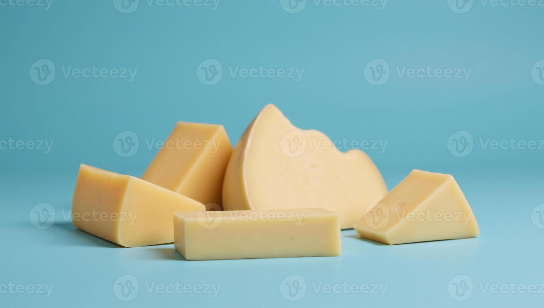 Cheese cubed on a blue surface against a matching backdrop photo