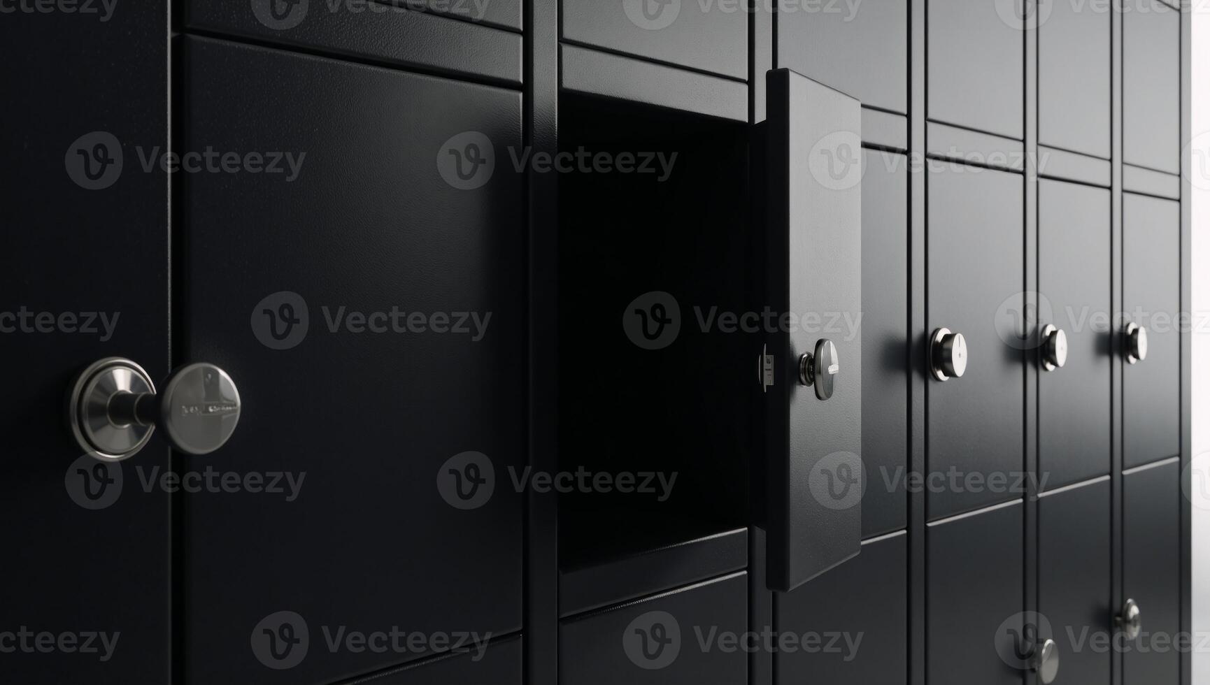 A stylized image featuring black lockers with one open compartment rendered in 3D photo