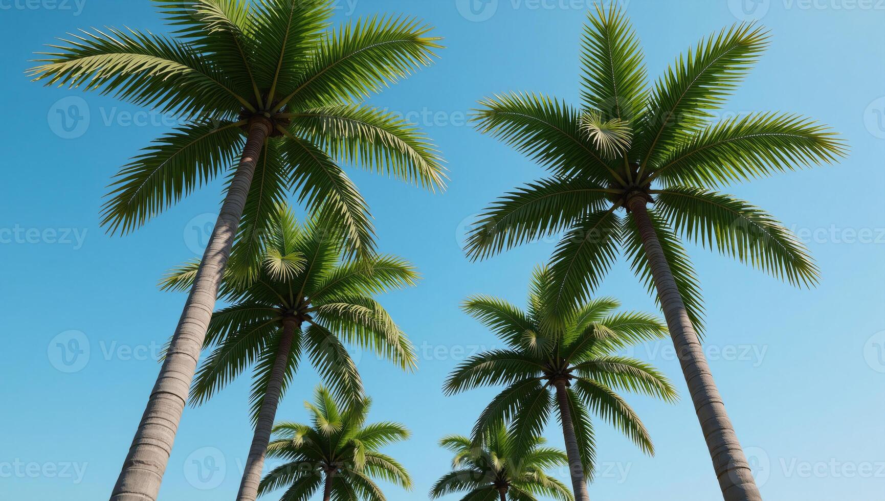 3Drendered image with palm trees as foreground subject against a backdrop landscape photo