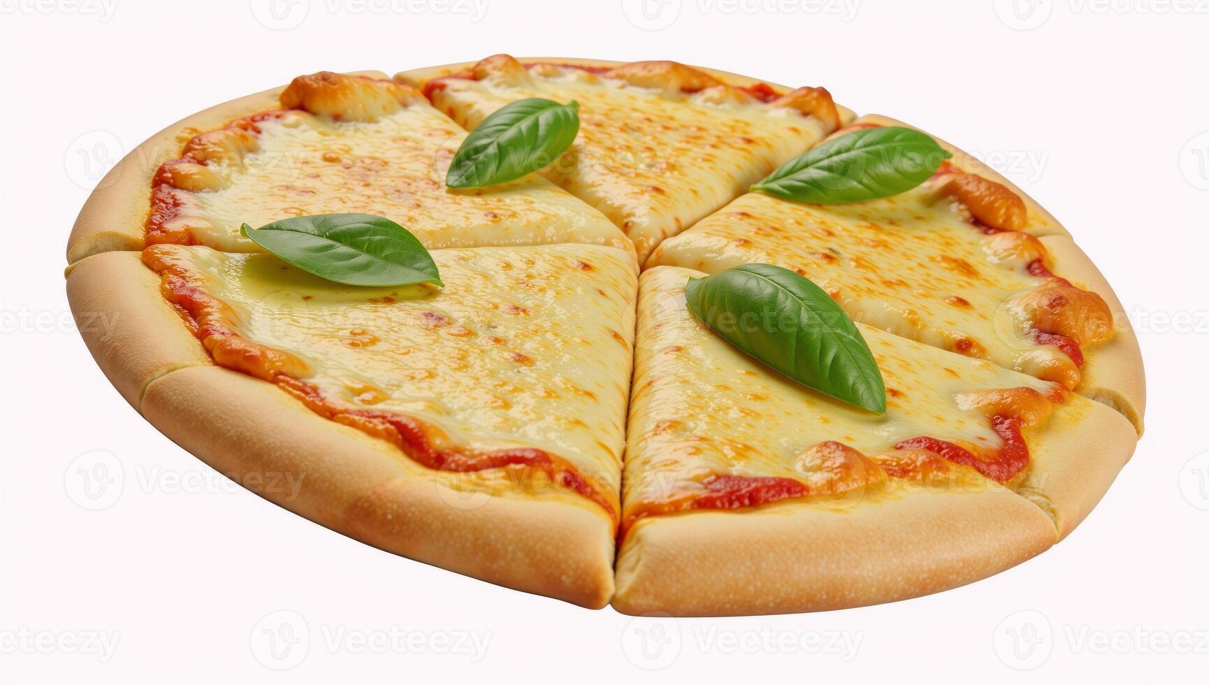 A closeup image featuring an isolated cheese pizza with fresh basil leaves sprinkled on top and a splash of tomato sauce photo