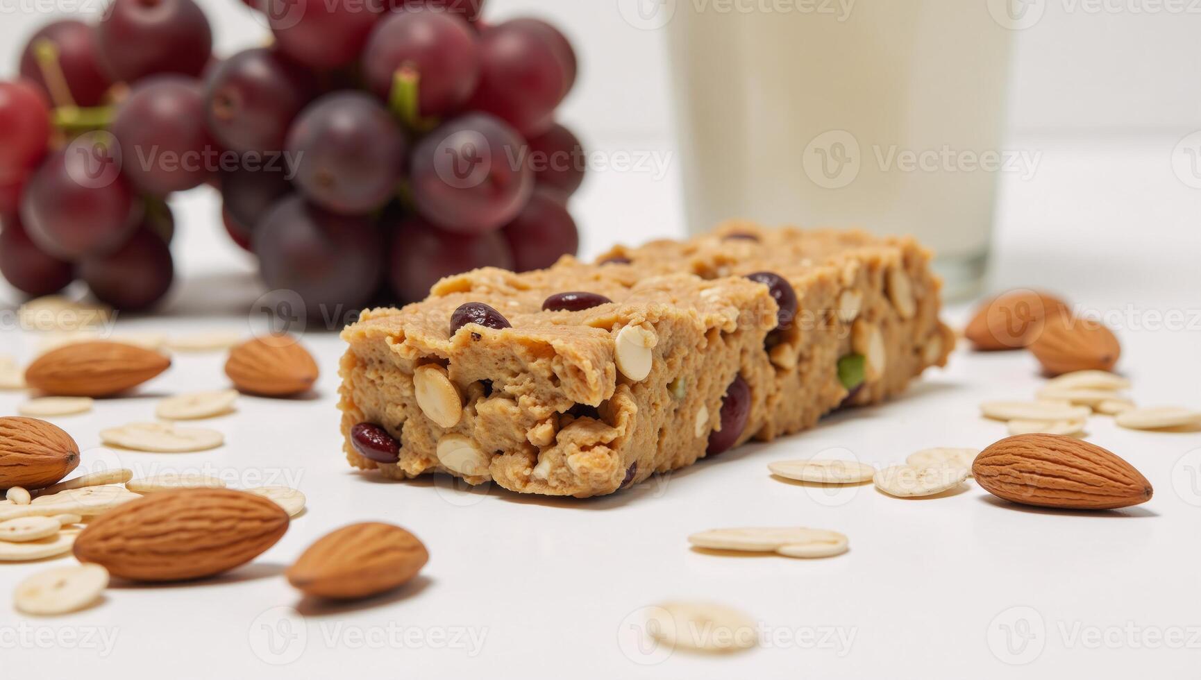A healthful scene featuring a granola bar with almonds and oats showcasing nutritional snacks fitness diets and natural ingredients photo