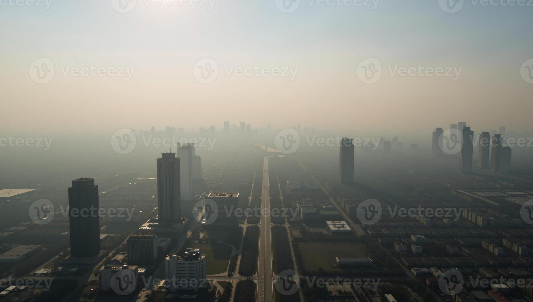 A panoramic aerial view captures the effects of toxic dust on urban landscapes symbolizing climate change air pollution and harm to the respiratory system photo