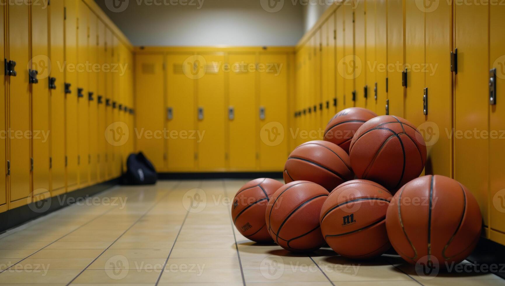 Gym locker room filled with disarray empty yellow lockers scattered bags and balls on the ground photo