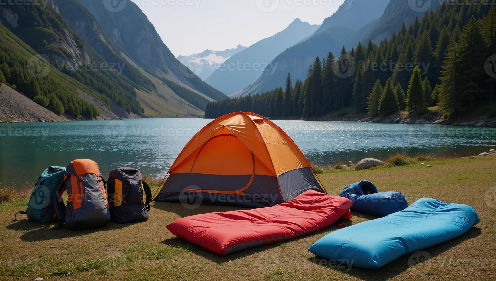 A tent pitched beside a mountain river within scenic lakeside mountain terrain photo