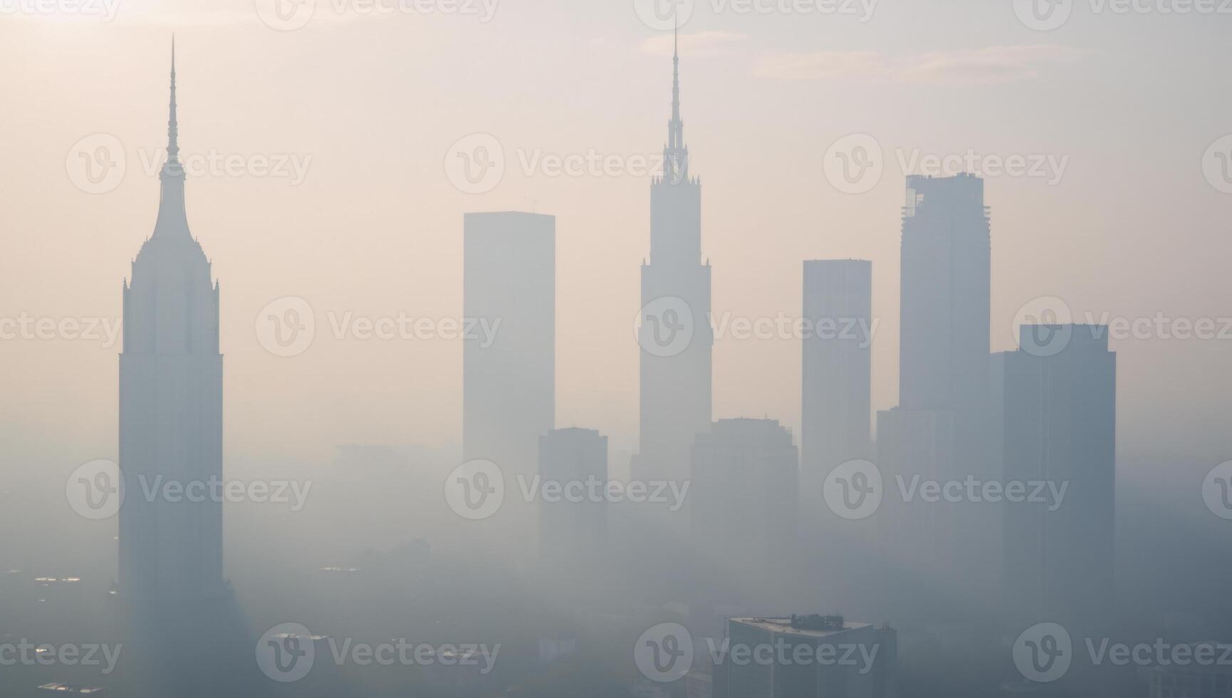 Dreamy morning fog enshrouds a city of towering buildings with delicate soft pastels and contrasts the clean architectural outlines photo