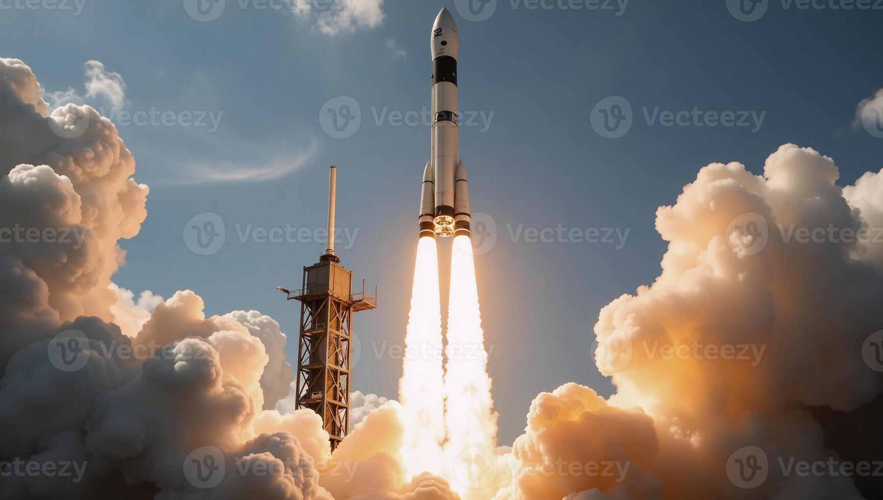Dynamic 3D Launch Scene Showcases Space Rocket Ascent with Fiery Exhaust Surrounding Smoke photo