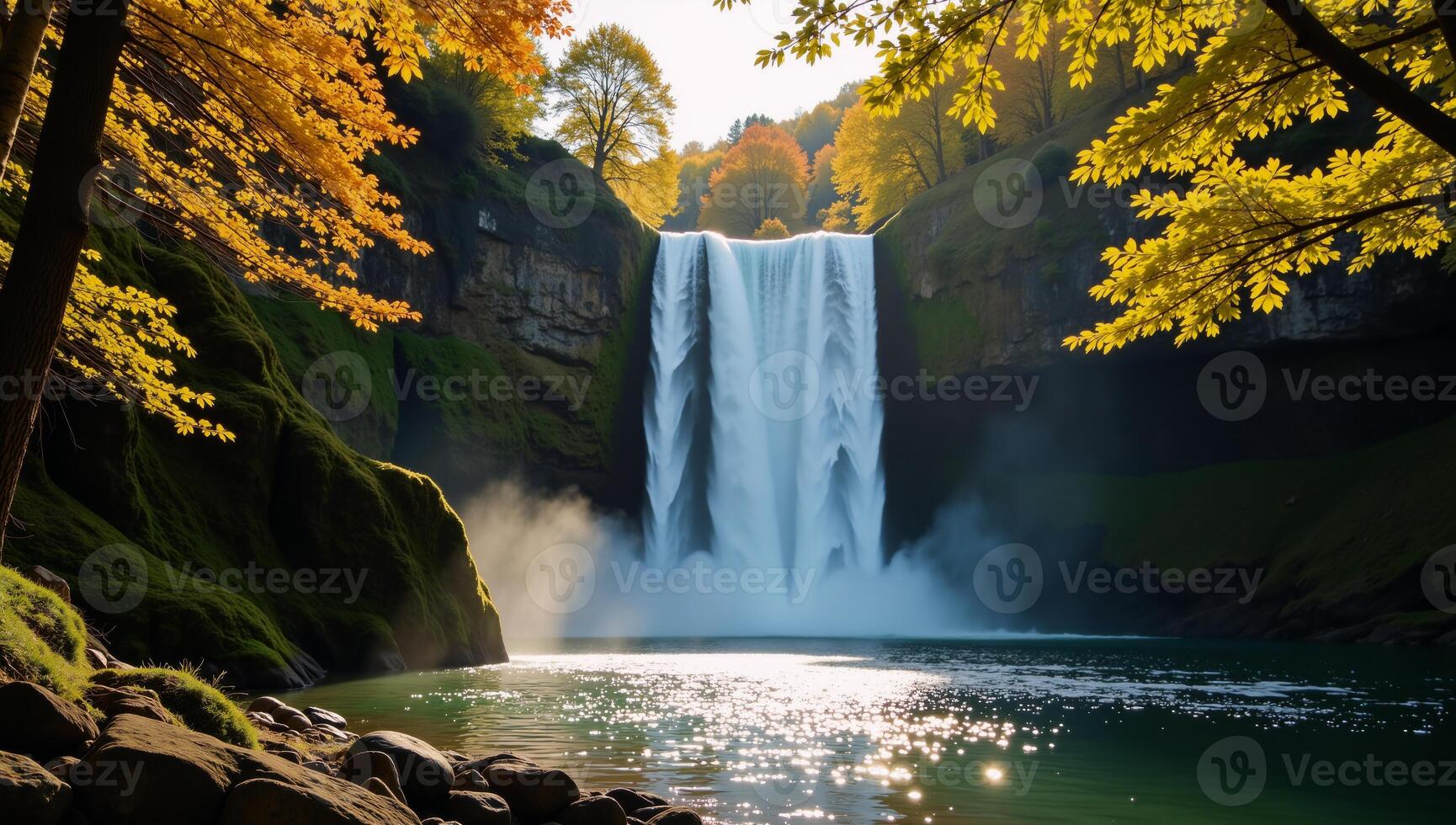 An enchantingly serene forest scene featuring a shimmering sunlit waterfall surrounded by glowing golden trees and a clear blue river photo