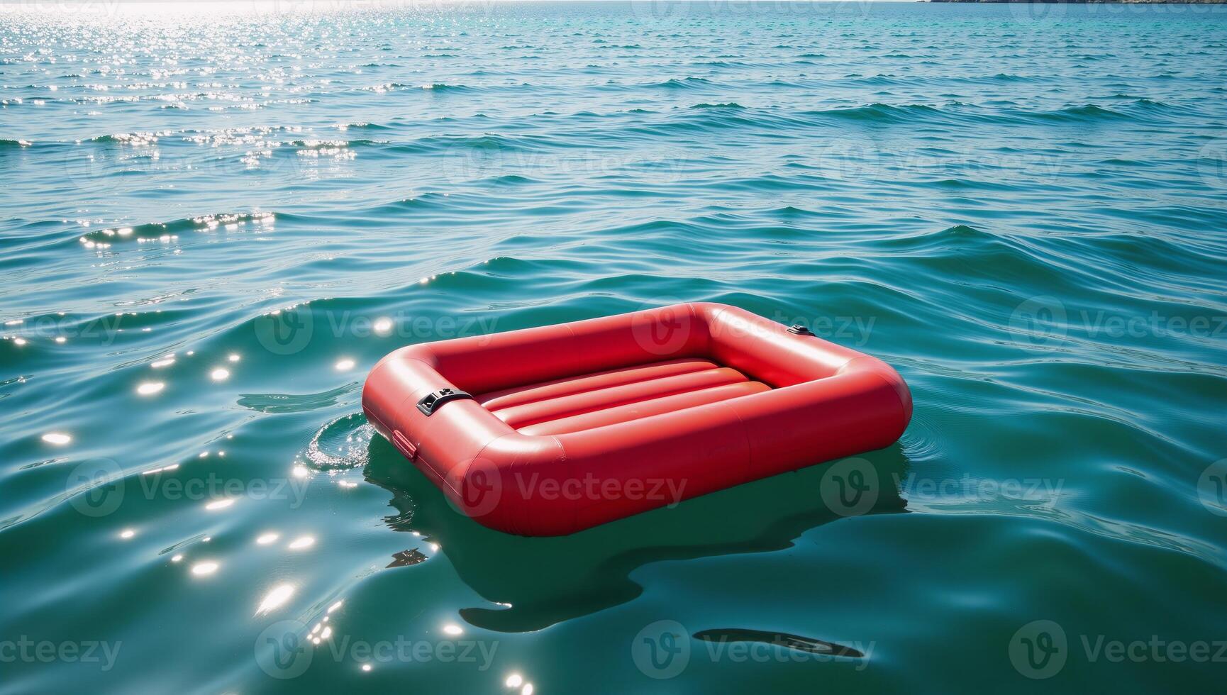 A floating red raft rests atop the watery expanse photo