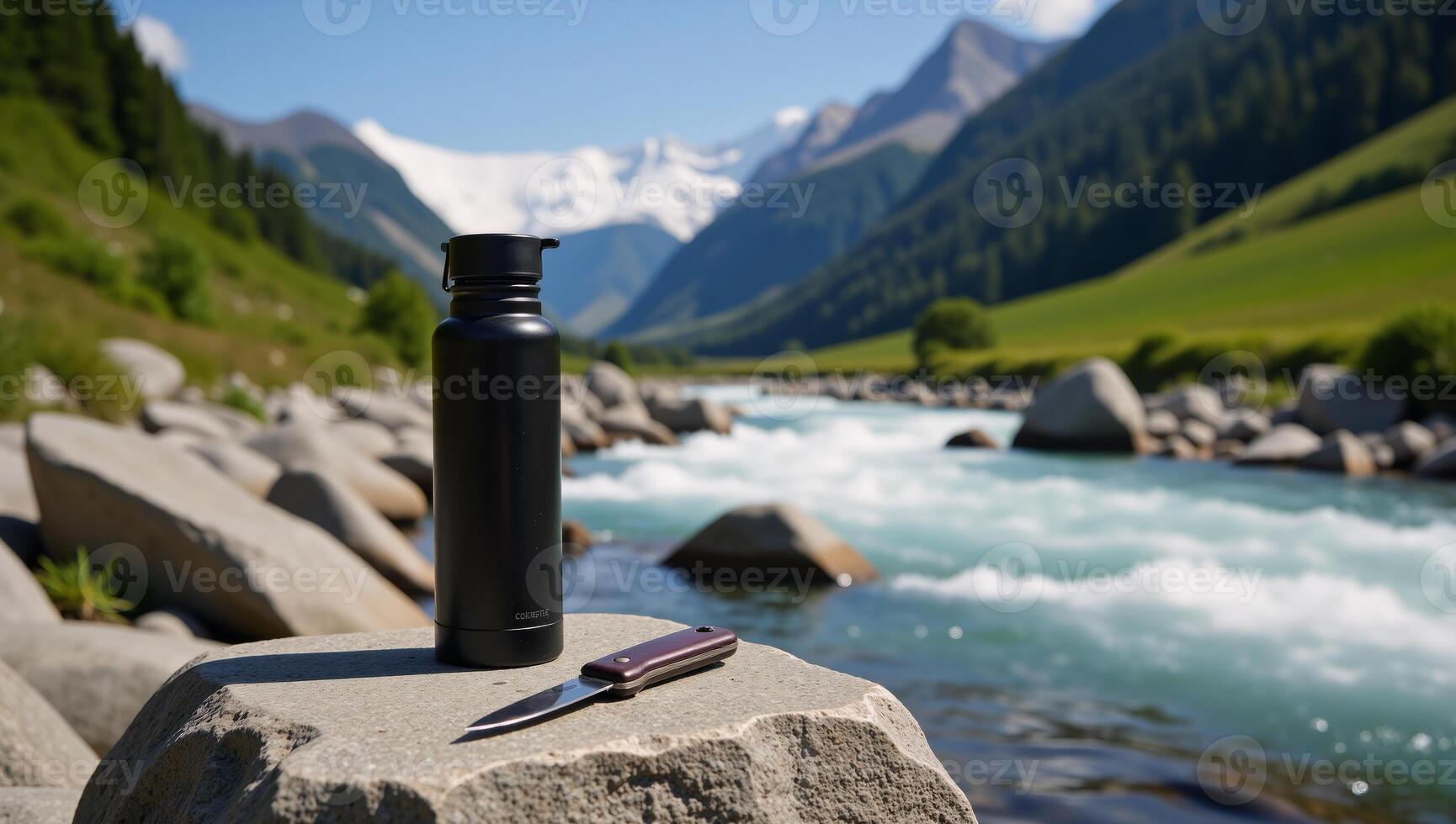 A mountainous landscape features a summertime hike with a knapsack and knife at rest near a river suggesting a hikers camp photo