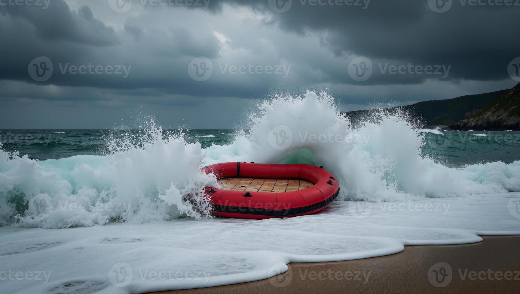 Dramatic stormtossed seascape featuring vibrant red raft amidst towering waves and ominous skies photo