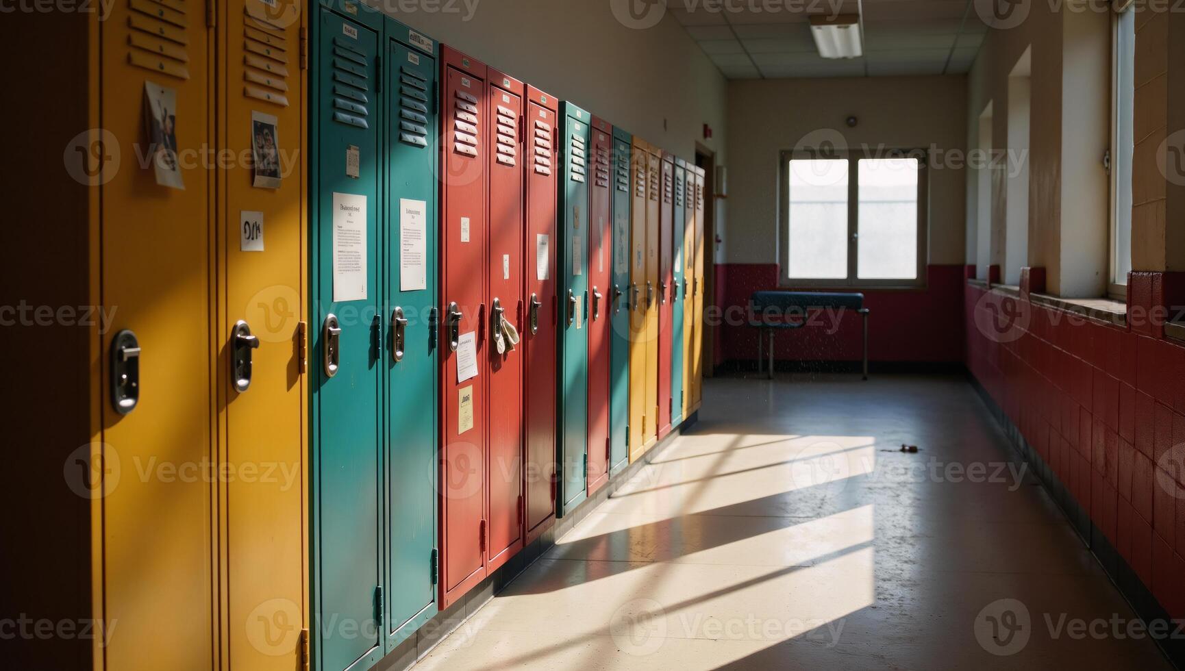 Abandoned school hallway colorful lockers filled with remnants of forgotten memories evoke a sense of summer freedom during academic break photo