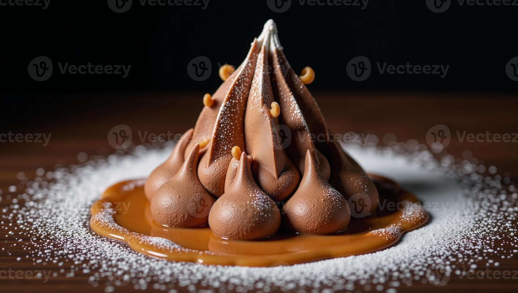 A mountainous desert scene showcases a towering chocolate mousse formation with a winding caramel stream photo