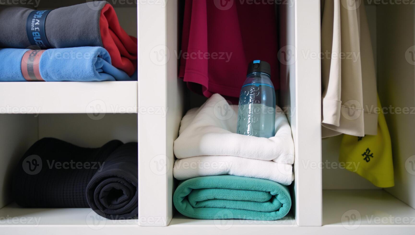 A water bottle sits inside a gym locker next to hanging towels Locker room setting photo