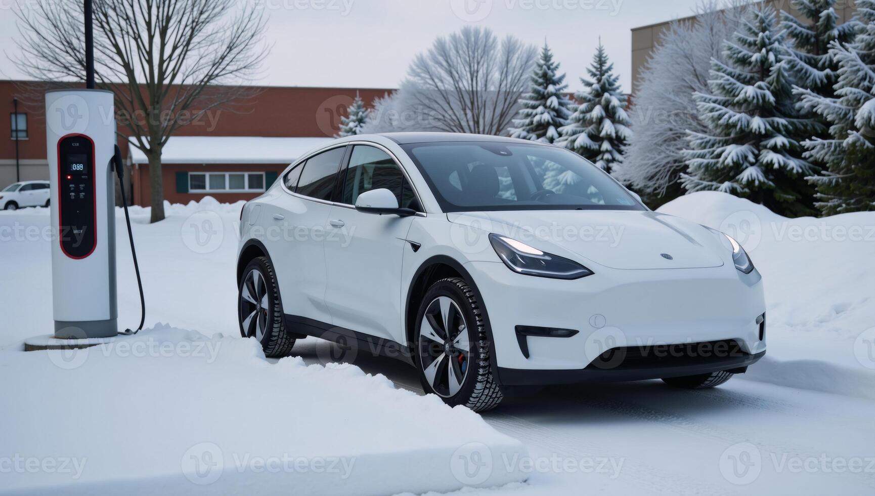 Electric car parked at snowy charging station symbolizes ecofriendly transport during winter photo