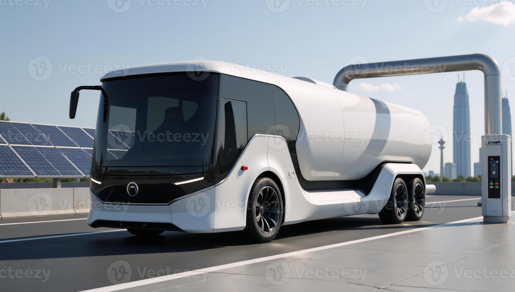 Digital art showcases a sleek futuristic vehicle undergoing battery swap at a highspeed charging hub photo