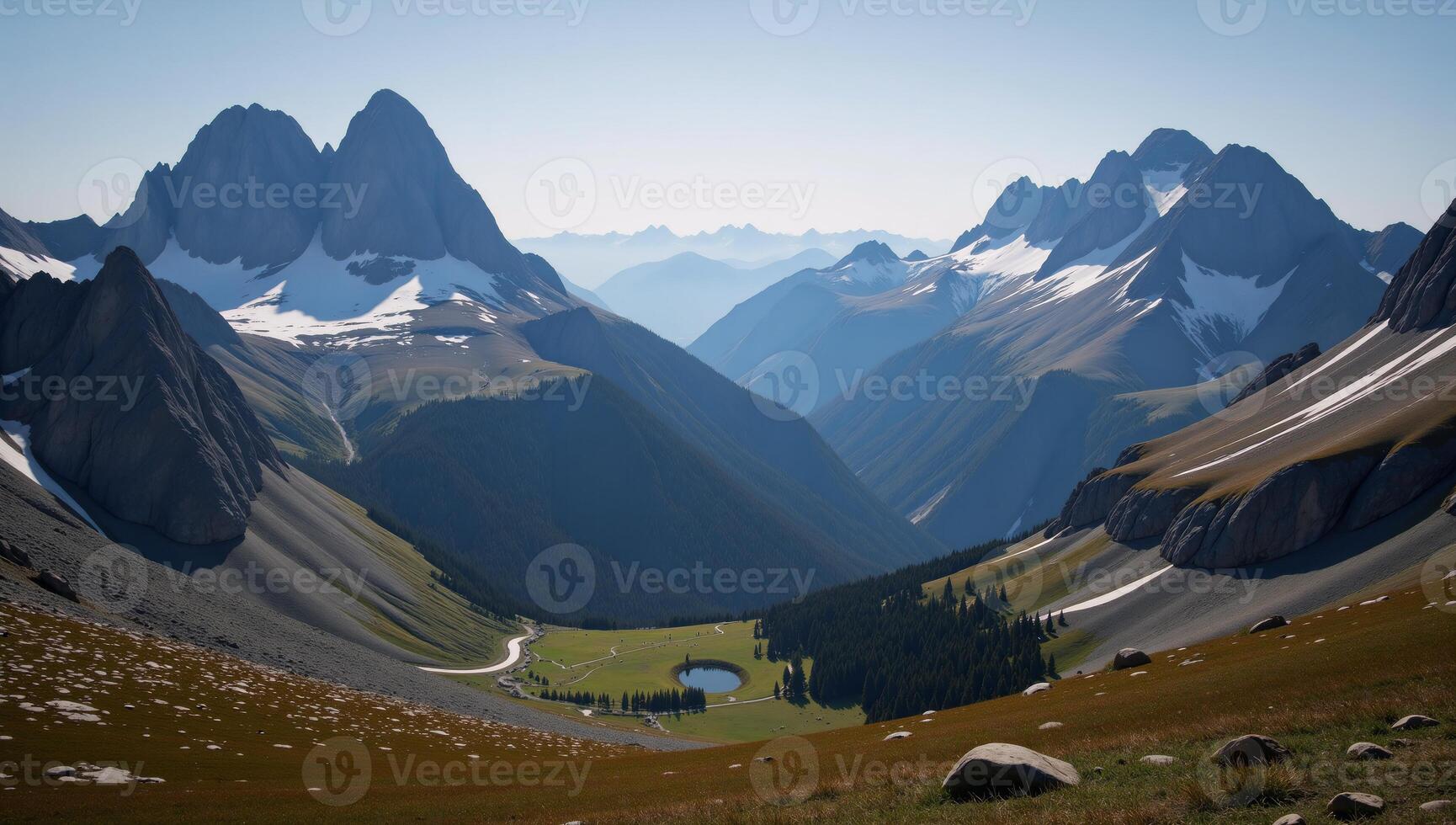 Mountains as the backdrop for a digital illustration in an impressionist style with vivid colors and dramatic peaks photo