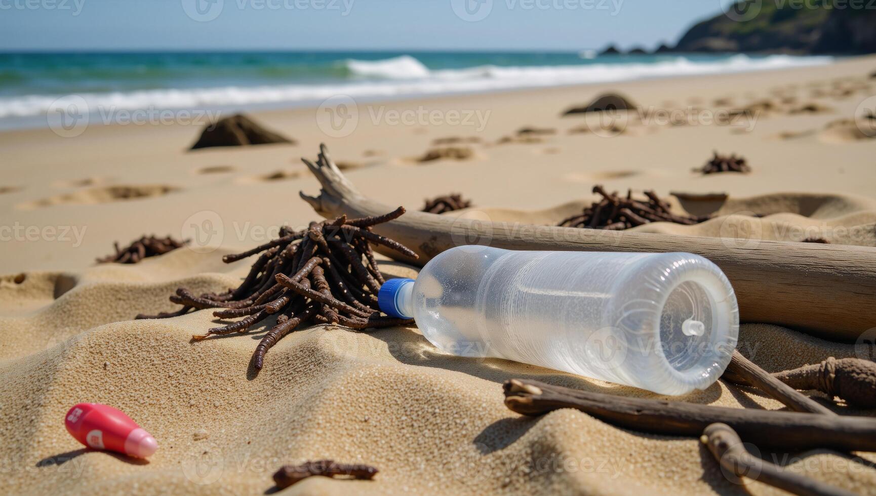 Plastic waste littered on a coastal shoreline scene photo