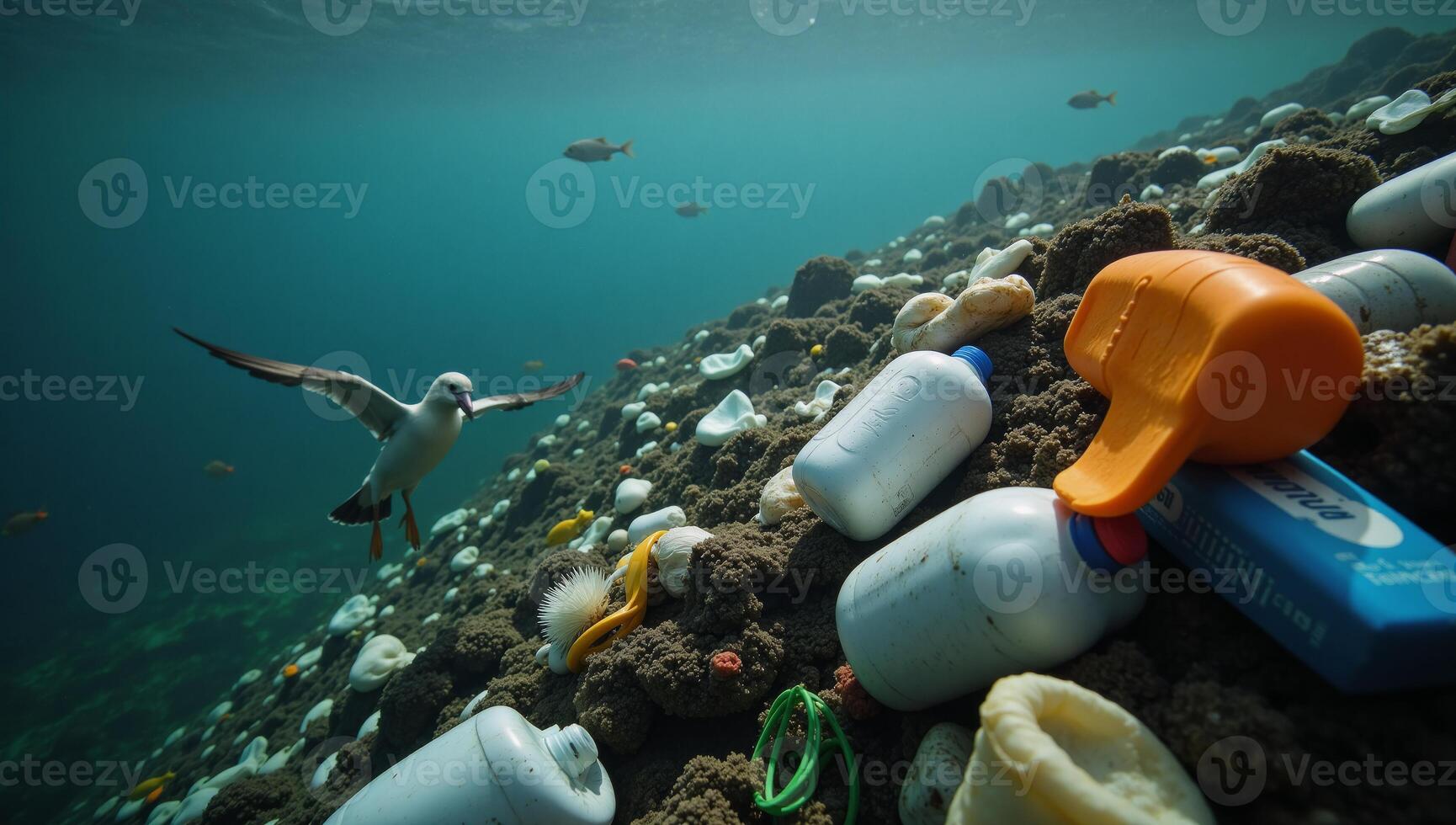 littered plastic waste floating in an ocean environment photo