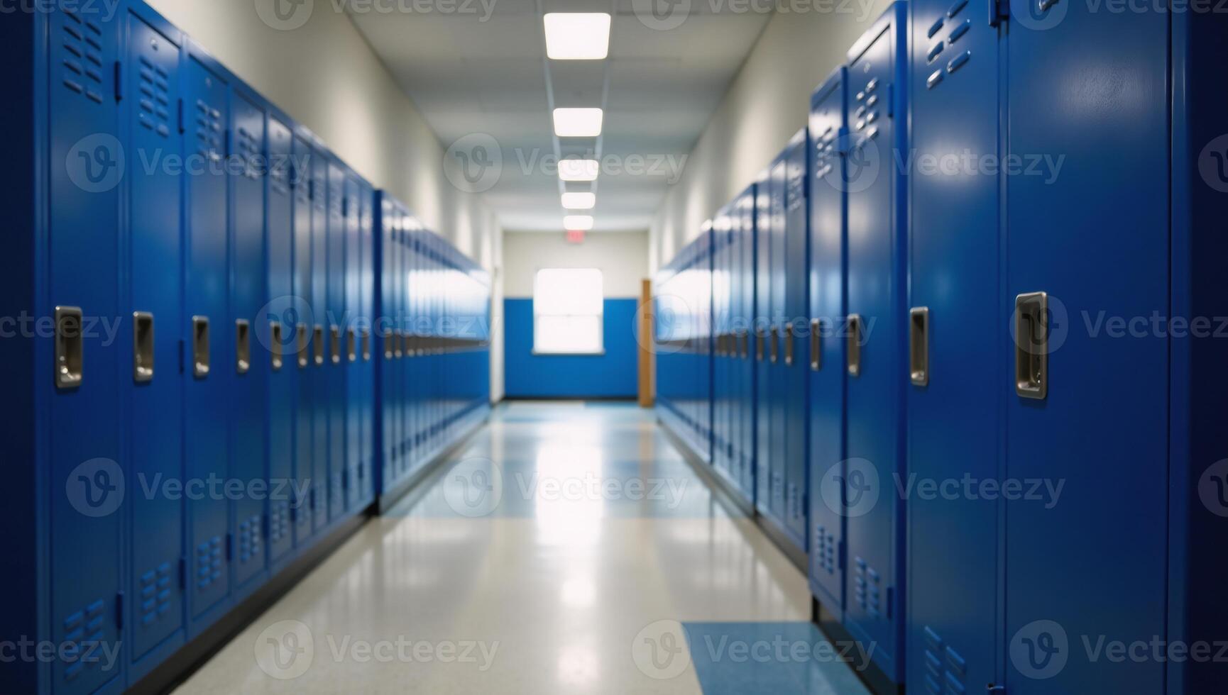 A scene depicts vibrant hallways with blue lockers lining them photo