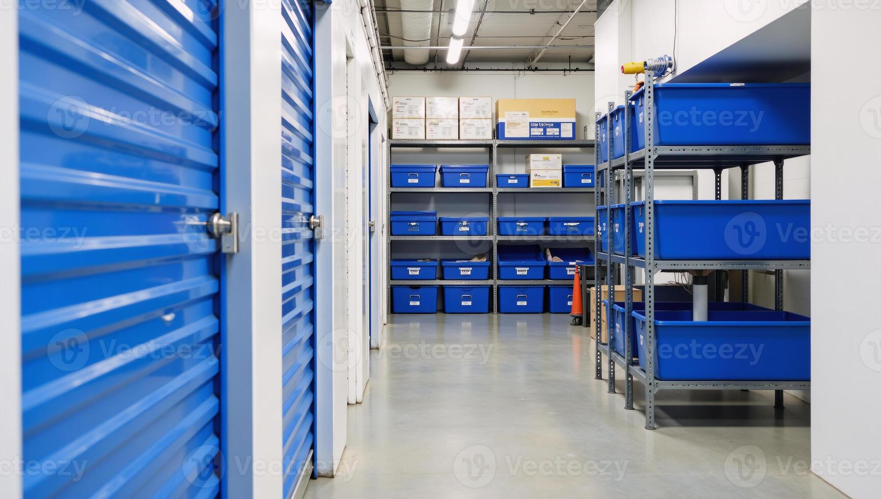 Photograph showcasing clean and professional blue white selfstorage facility with blue doors photo