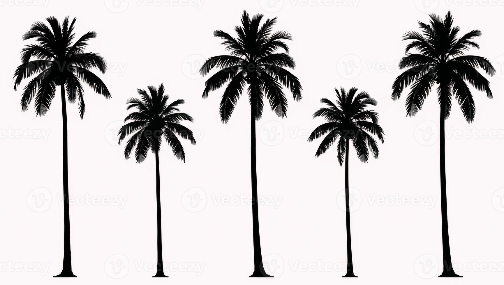 Five isolated blacksilhouetted palm trees on a white background as clipart photo