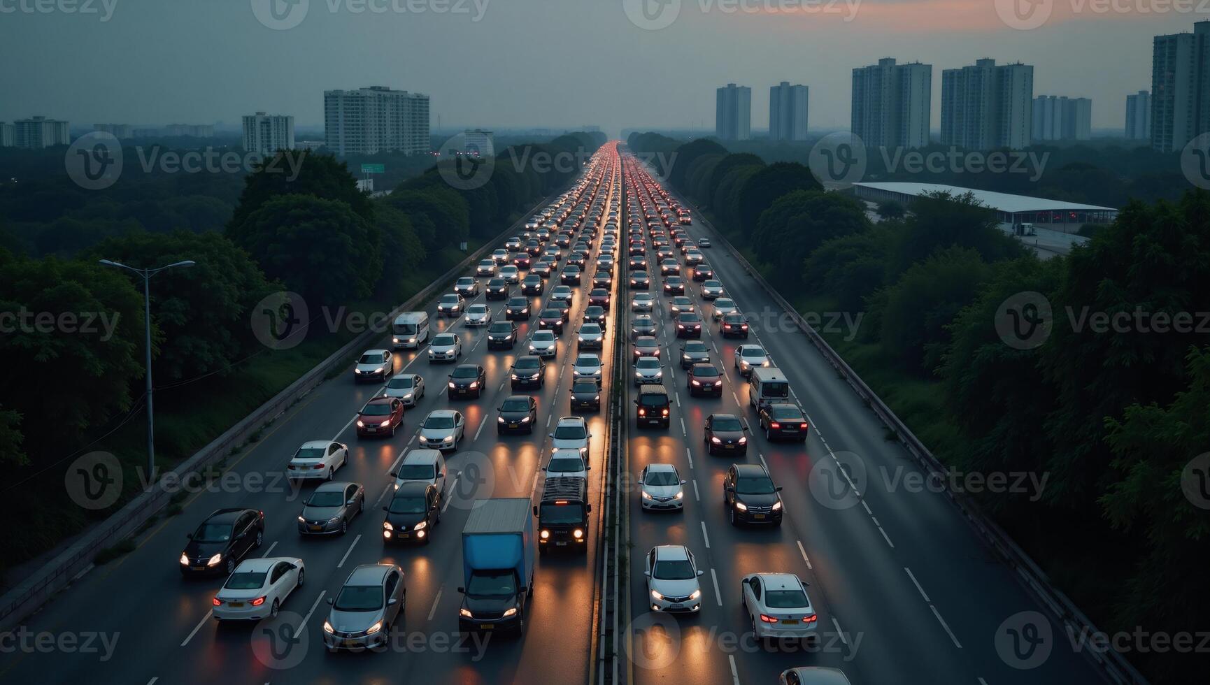 Cars stalled in an urban traffic jam at dusk showcasing the themes of air pollution excessive transportation in the bustling cityscape photo