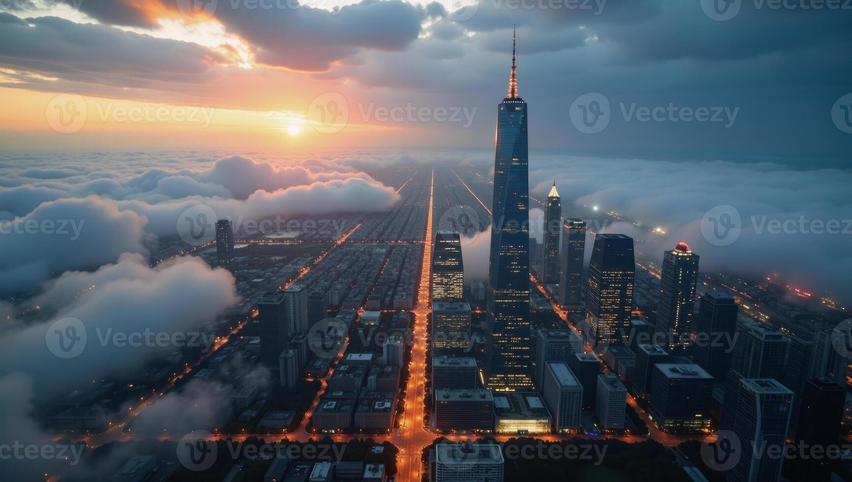 Aeriel shot Futuristic cityscape bathed in sunlight through swirling clouds and fog displaying glowing buildings amidst the misty dawn photo