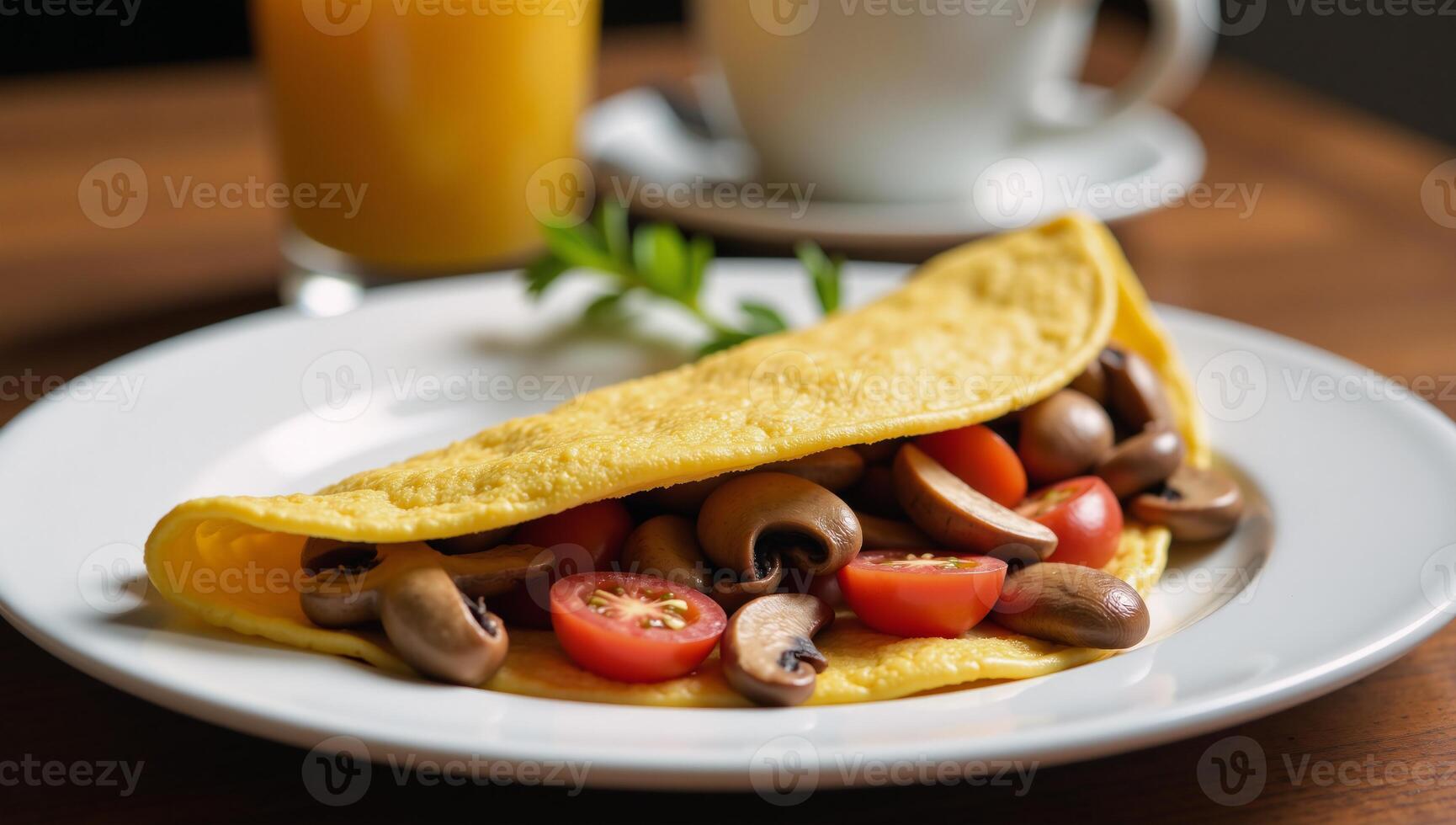 A mushroomtomato filled omelette with a fluffy texture photo
