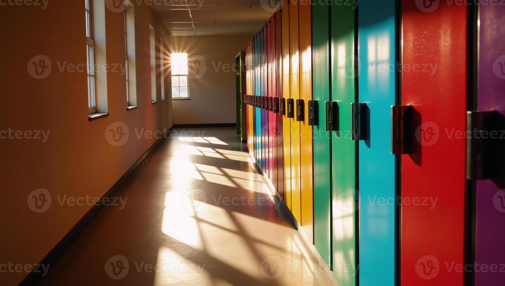 Sunlit hallways adorned with vibrant lockers reveal intricate shadow patterns and reflective geometry photo