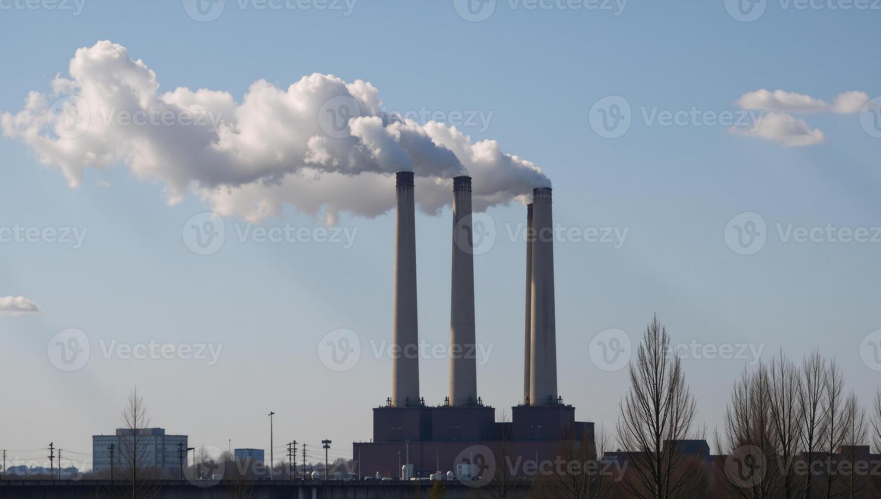 Emission of CO2 from coalfired power plants into the atmosphere showcasing air pollution caused by smokestacks and their environmental impact on ecology photo