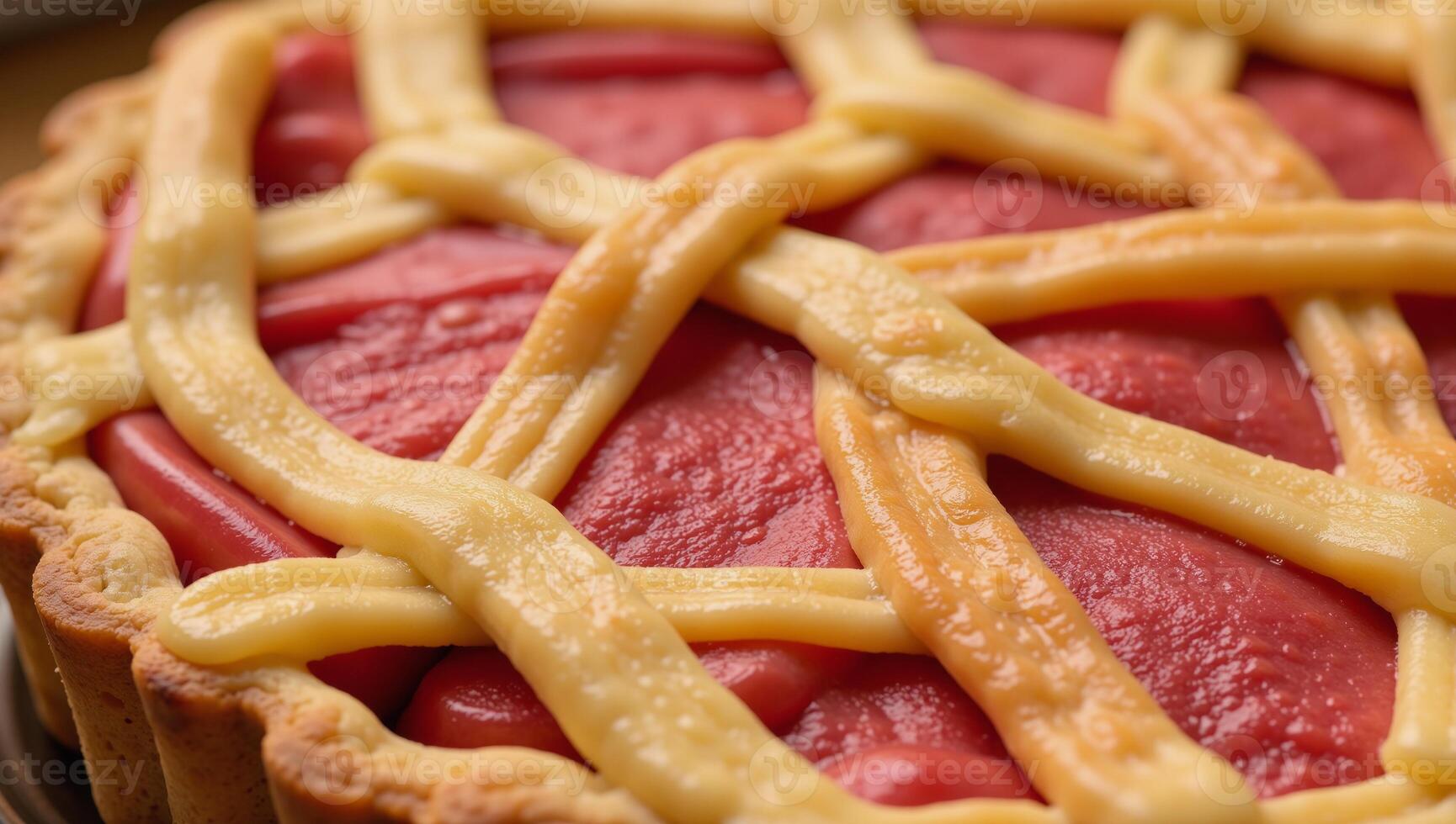 Closeup of colorful cheesy rhubarb tart with appetizing texture details photo