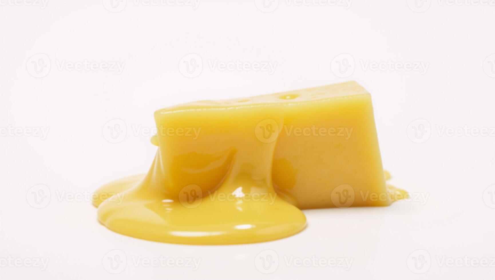 Isolated closeup Melted yellow cheese with splashes against a white backdrop photo
