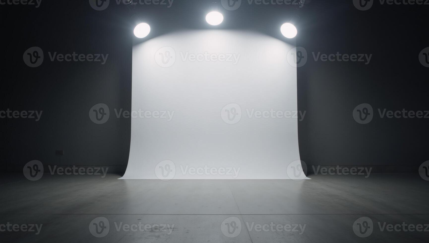 Pitchblack empty room with a blank floor for presentationscar backdrops and top LED lights photo