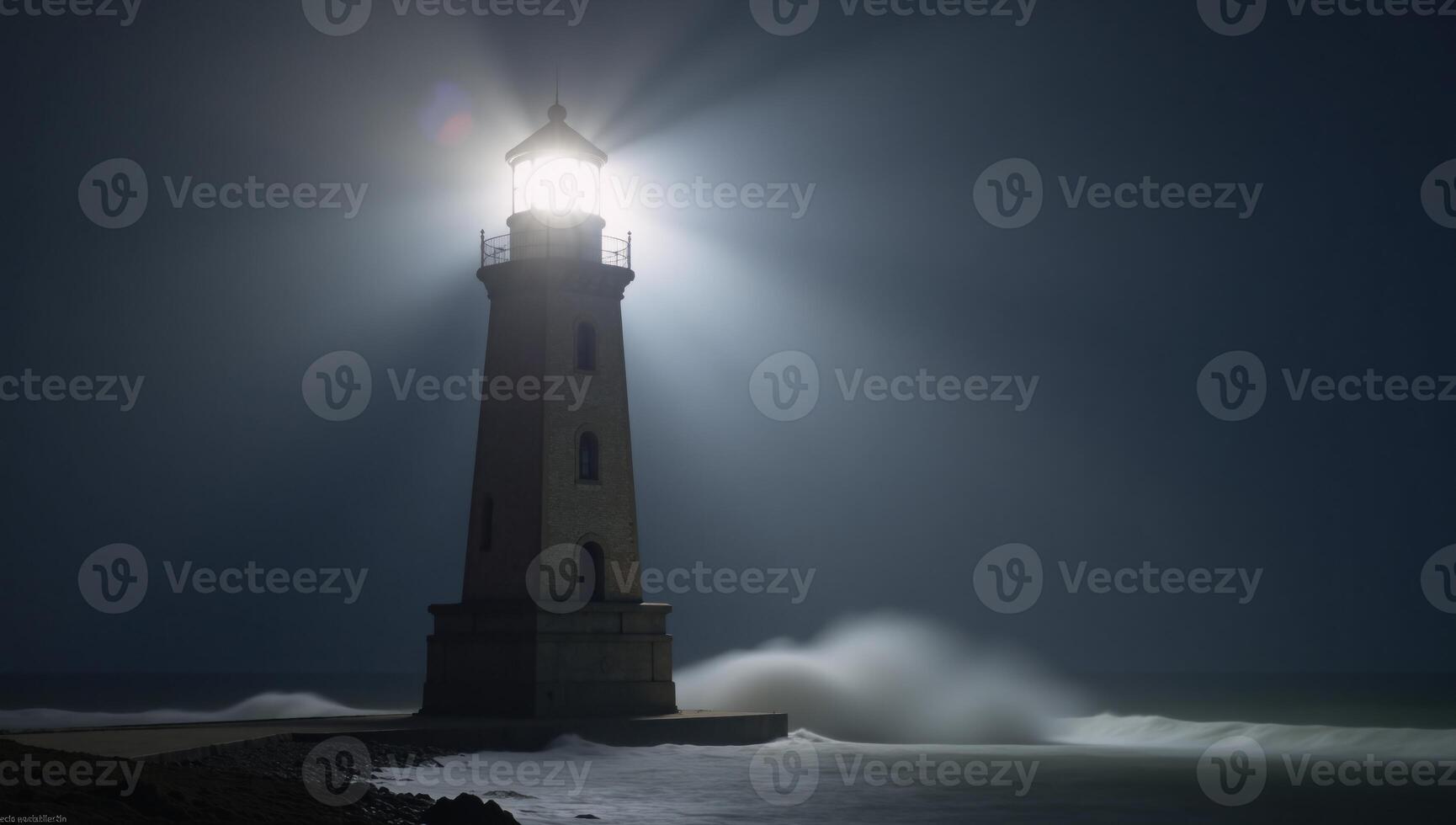A lighthouse shines amidst foggy surrounds photo