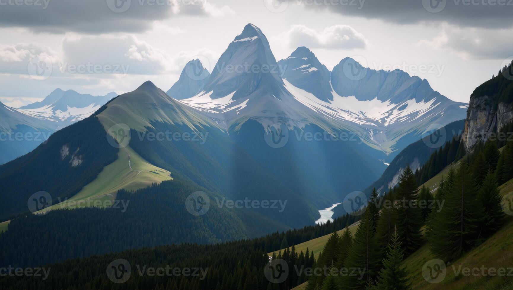 A majestic mountain forest landscape showcases foggy mornings and sunbeam rays breaking through photo