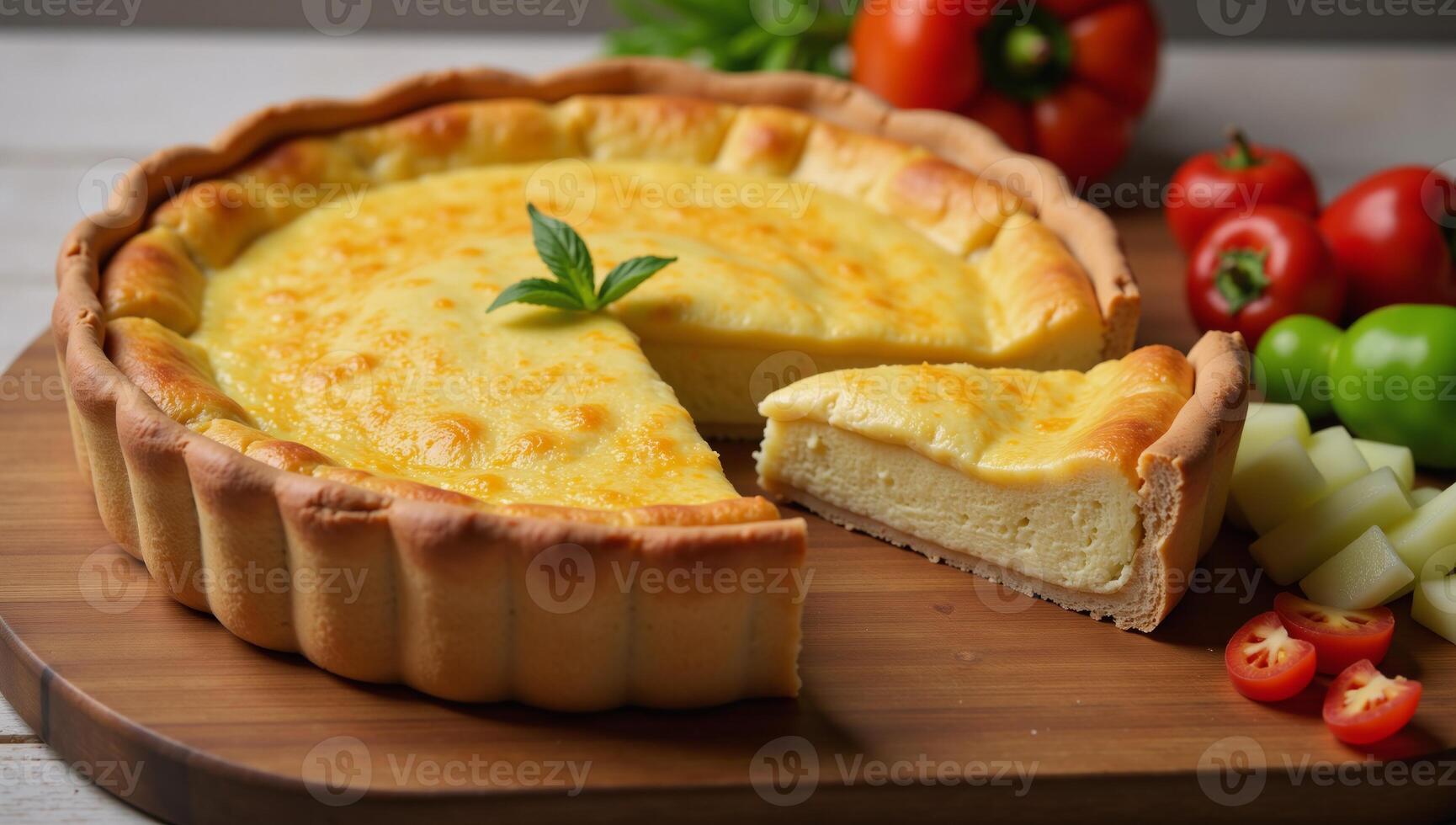 A cheese quiche with chopped veggies is displayed on a wood cutting board photo