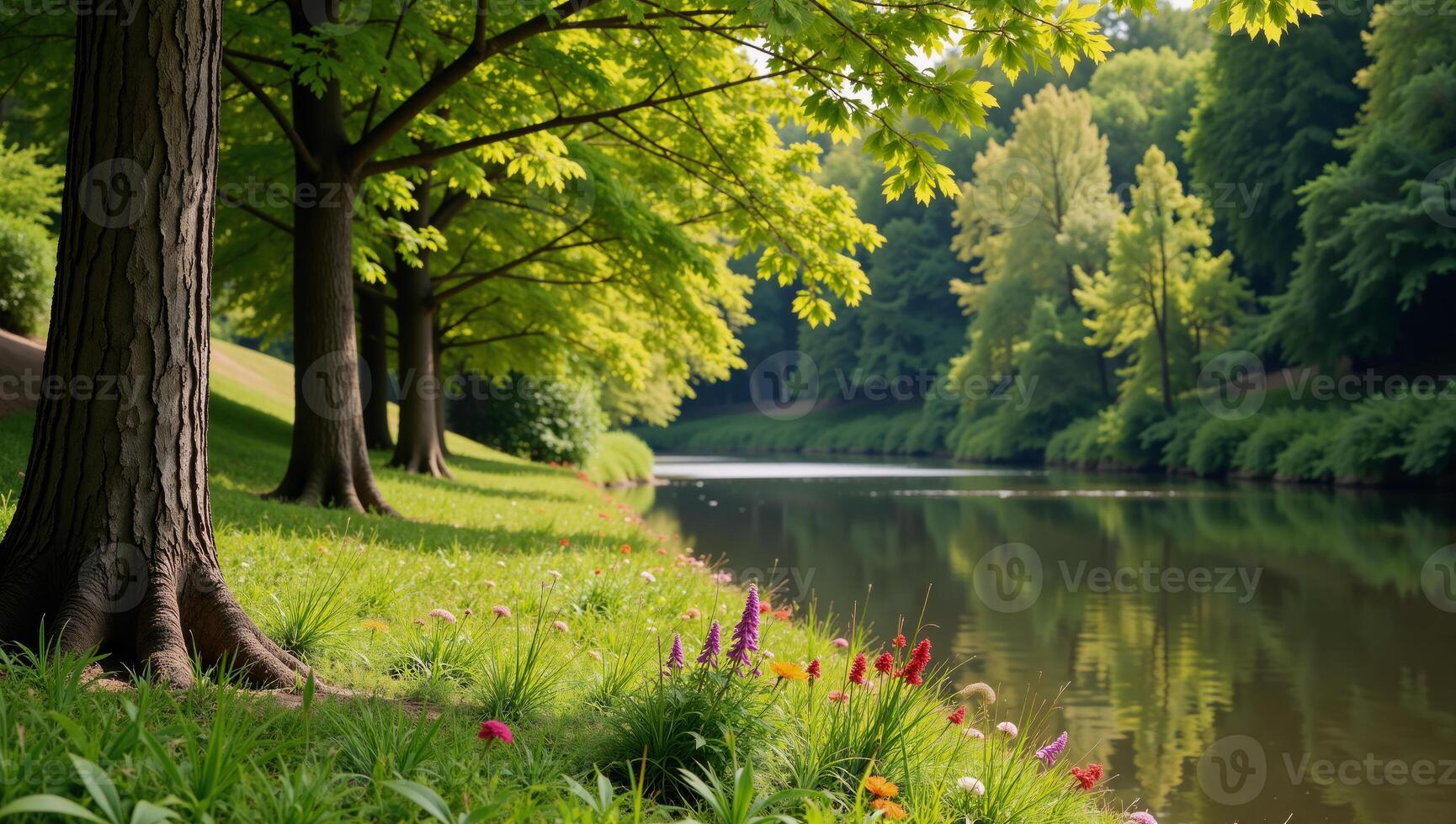 Illustration of a picturesque riverbank adorned with lush trees and vegetation photo