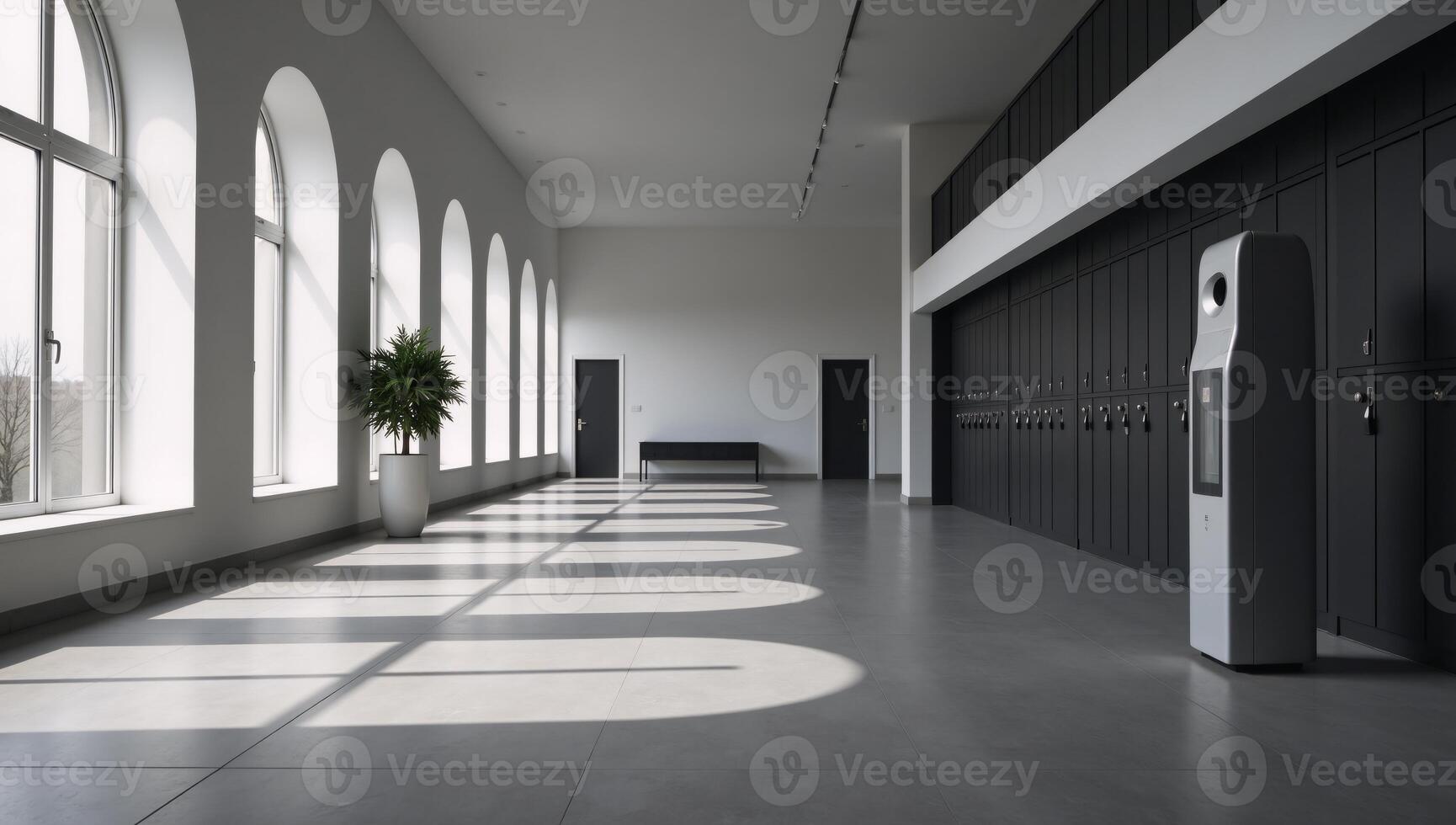 Modern technologyinspired empty room mockup featuring productslab equipment banks and lockers ideal for showcasing products within spacious settings photo