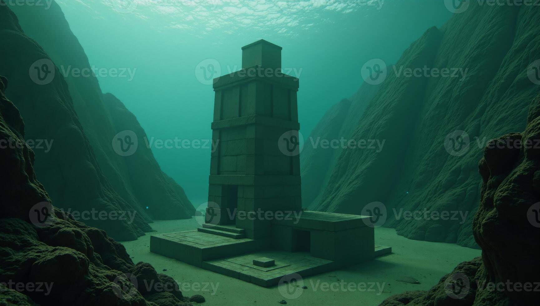 In an underwater Atlantean ruin submerged and crumbling lost city with lit cubes among runecovered columns where humans have hidden amidst the green fog photo